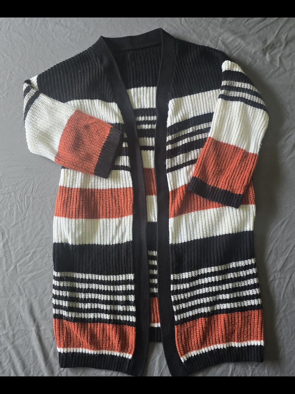 Striped Open-Front Cardigan Sweater - Black, White & Rust